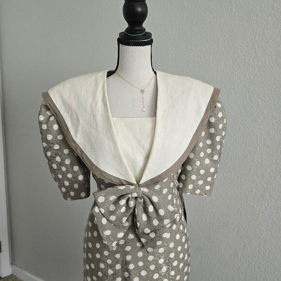 St. Gillian VTG Silk Polka Dot Midi Dress 12 Puff Sleeves Bow Collar Retro 80s - Picture 2 of 11